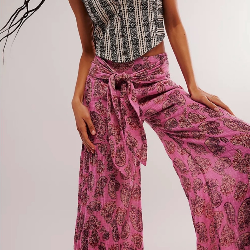 Free People Pink Paisley Wide-Leg Pants